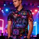 uideazone Mens Funny Hawaiian Shirts 3D Graphic Button Down Short Sleeve Tropical Holiday Beach Aloha Shirt (XX-Large, Neon Music)