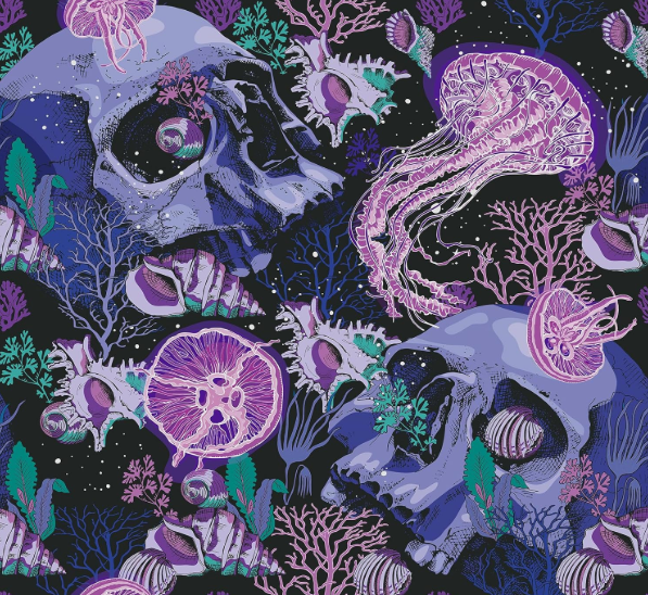 CRE8TIVE Blue Skull Wallpaper Peel and Stick Purple Jellyfish Coral Shell Wallpaper for Bedroom Bathroom 12"x118" Underwater World Removable Self Adhesive Contact Paper for Walls Cabinets and Drawers