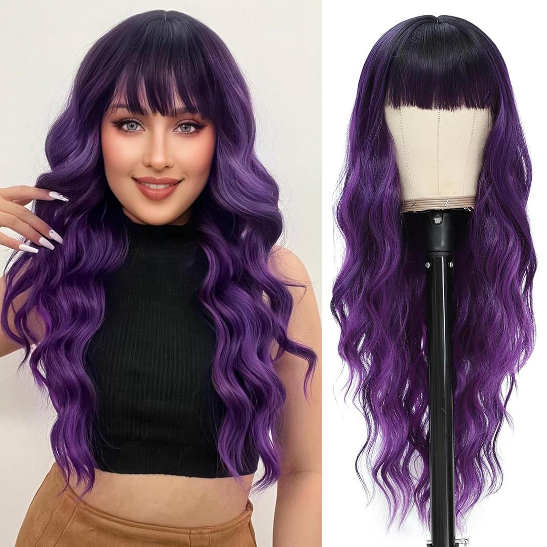 NAYOO Purple Wigs with Bangs - Long Curly Wavy Hair Wigs, Heat Resistant Synthetic Fiber, 24 Inches (Ombre Purple)