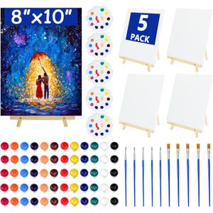 5 Pack 8x10 Inch Canvas and Easel Set, Sip and Paint Kit for Adults,Art Canvas Bulk with Easels Stands, Trays,Small Paint Brushes,12 Colors Mini Acrylic Paint Set for Couples,Kids and Party Supplies
