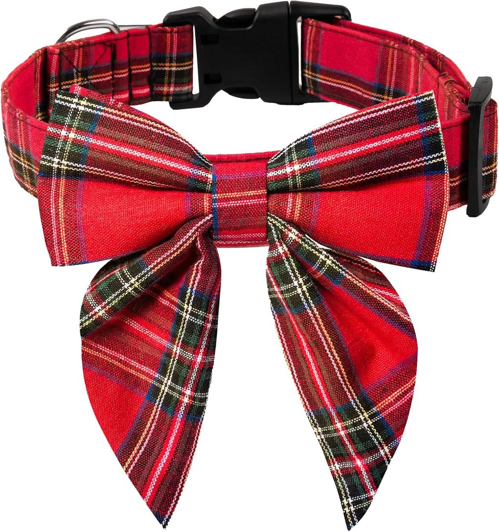 Christmas Dog Collar Detachable Dog Bow Ties Adjustable Soft Cotton Red Plaid Christmas Collars Bowtie for Large/Medium/Small Pets as Holiday Fall Winter Gifts