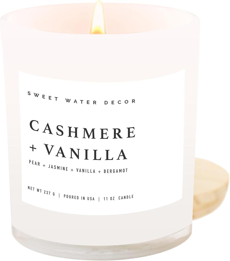 Sweet Water Decor Cashmere and Vanilla Soy Candle - Soft Cashmere, Sandalwood, Jasmine, and Vanilla Scented Candle for Spring - 11oz White Jar and Wood Lid, 50+ Hour Burn Time, Made in The USA