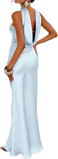 Women's Summer Satin Strapless Tube Top Maxi Dress Elegant Silk Backless Halter Neck Formal Party Dresses Wedding Guest