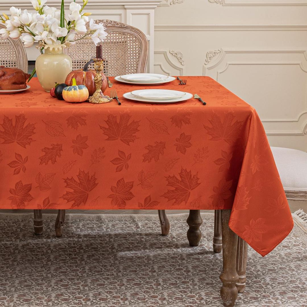 Softalker Fall Jacquard Tablecloth - Thanksgiving Maple Leaves Rectangle Table Cover, Autumn Harvest Waterproof Table Cloths Decor for Holiday, Dining, Party - Burnt Orange 60 x 120 Inch