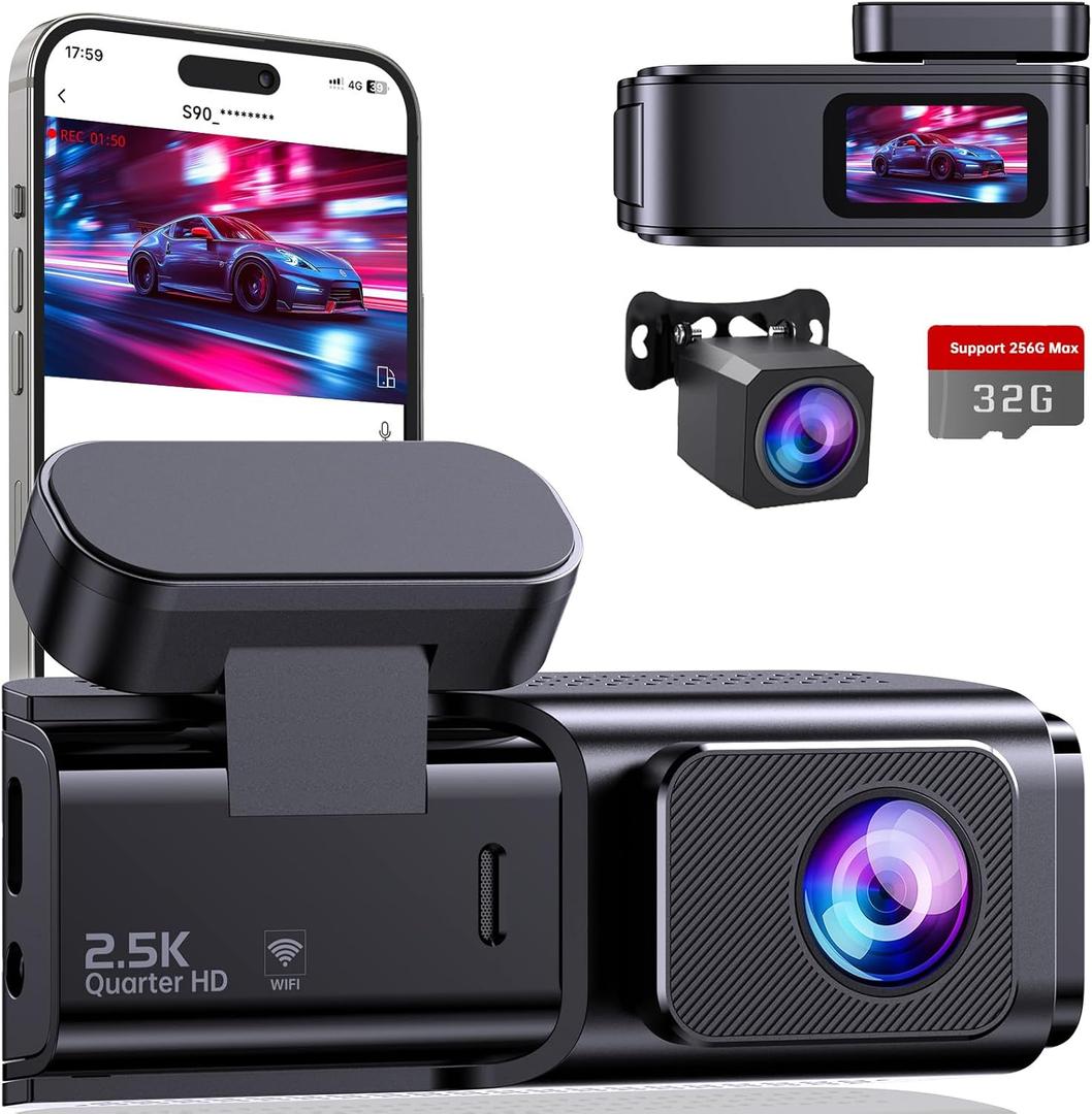 Dash Cam Front and Rear, 2.5K+1080P Dual Dash Camera for Cars, Ecomoment Car Camera with 1.47" IPS Screen, Built-in Wi-Fi, 170 Wide Angle, Night Vision, G-Sensor, 24H Parking Mode, 32GB Card Included (Black)