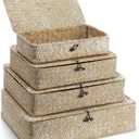 Set of 4 Seagrass Basket with Lid Wicker Storage Basket Decorative Storage Boxes with Lids Flat Storage Bins Woven Organizer Baskets for Shelf Closet Bedroom, 4 Sizes (White)