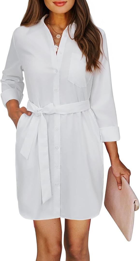 Womens Button Down Shirt Dresses with Pockets Cotton Button Up Tunics Long Sleeve Solid High Low Blouse Tops (Large, White With Belt)
