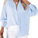 Womens Smocked Cuffed Striped Boyfriend Shirt Casual Collar Long Sleeve Oversized Button Down Blouse Tops with Pocket Shirred Blue M