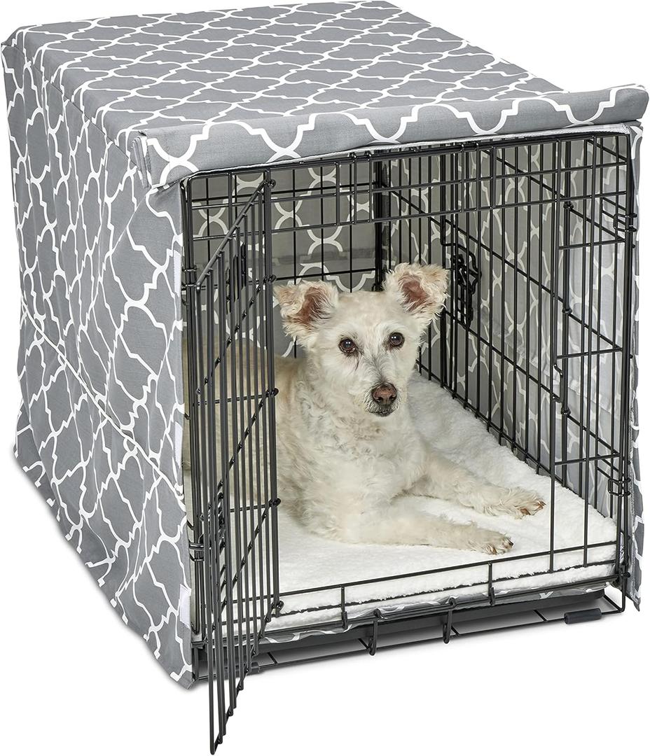 New World Medium Dog Crate Cover Featuring Teflon Fabric Protector, Poly-Cotton Privacy Kennel Cover Fits Most 30-inch Crates, Gray Designer Print, Machine Washable, Reduces Barking