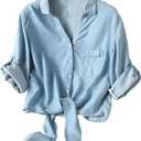 Dauocie Women's Front Tie Tops Casual 3/4 Roll Up Sleeve Button Up Shirts with Pocket (Blue, XXL)