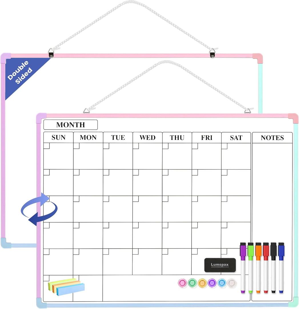 Monthly Whiteboard Calendar for Wall, 24" x 18" Dry Erase Board with Plastic Frame, Hanging Dry Erase Calendar with 3 Mini Sticky Notes for Kitchen Planner, Memo, Home and Office, Colorful