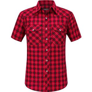 JMBONHEUR Men's Western Cowboy Pearl Snap Buttons Plaid Short Sleeve 2 Pockets with Pen Holder Lightweight Casual Shirt (Red Black #22, L)