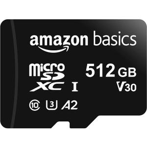 Amazon Basics microSDXC Memory Card with Full Size Adapter, A2, U3, Read Speed up to 100 MB/s, 512GB, Black