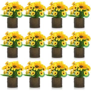 Lyrow 12 Pcs Sunflowers Artificial Flowers Sunflower Flower Bouquet in Planters Summer Fake Faux Floral Rustic Potted Flower Arrangements Table Centerpiece for Vase Summer Home Indoor Outdoor Decor