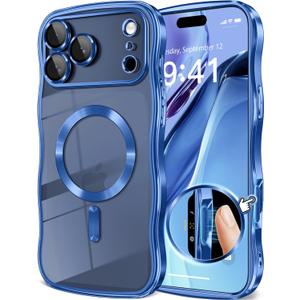 GVIEWIN for iPhone 17 Pro Case Compatible with MagSafe, Upgraded [Full Camera Protection][Cute Wave Frame][Military Grade Protection] Electroplated Hard Phone Cover for Women Girl, Clear/Blue