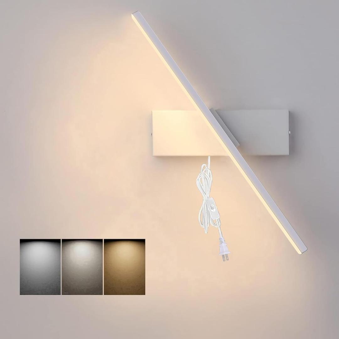 LED Plug Wall Sconces, with 6W Mounted Reading Lights, 3 Color Temperatures, with 6FT Plug in Cord and On/Off Switch on The Cord, 330Rotation Wall Lamps, for Bedroom Headboard Living Room (White)