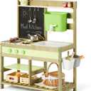 Giant bean Mud Kitchen for Kids Outdoor, Wooden Kitchen Playset with 4.8L Large Water Tank Sink, Sand and Water Table Toy with Pots, Pans & Kitchen Accessories, Pretend Playset for Boys Girls 3+