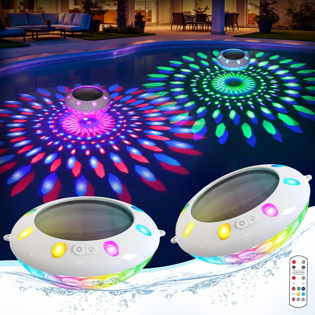Floating Pool Lights w/Remote, 6.5" Top to Bottom Dynamic Color Changing Solar Pool Lights that Float, IP68 Waterproof Solar Floating Light for Inground Above Ground Pools Garden Decor(2)