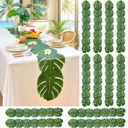 AerWo 12Pcs Palm Leaves Green Table Runner, Artificial Leaves Summer Tropical Leaf Table Runners 72 inches Long for Wedding Moana Jungle Safari Tropical Luau Hawaiian Party Decorations