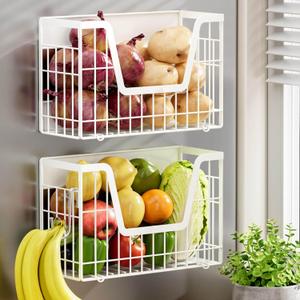 2 Set Magnetic Fridge Shelf, White Magnetic Fruit Basket for Refrigerator Organizer Storage, Potato and Onion Storage Bins, Wire Baskets Magnet Rack for Laundry Washing Machine Kitchen Shelves