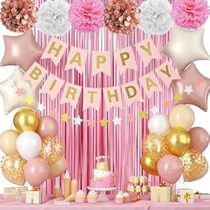 Pink and Gold Birthday Decorations, Women Girls Princess Party with Apricot White Pink Gold Confetti Birthday Balloons Happy Birthday Banner Pink Fringe Curtain Tissue Paper Pompoms Star Garland