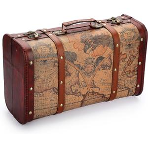 ELLDOO Vintage Wooden Storage Chest, Portable Decorative Luggage Suitcase, Treasure Chest Box with Map Pattern, Pirate Keepsakes Box for Gifts, Chest Storage Box for Decor Storage Travel