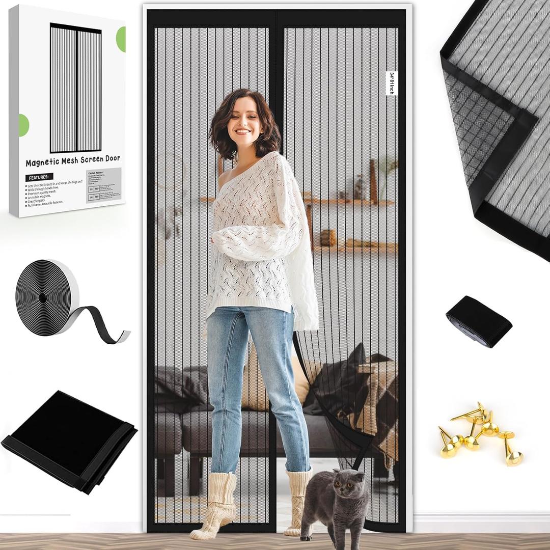 BSHANO Magnetic Screen Door - Fit Door Size 32 x 80 Inch, Black Heavy Duty Mesh Curtain with Magnetic Closure, Bug Screen for Doorway, Pet Friendly Temporary Patio Door Screen (Screen Size 34"x81")