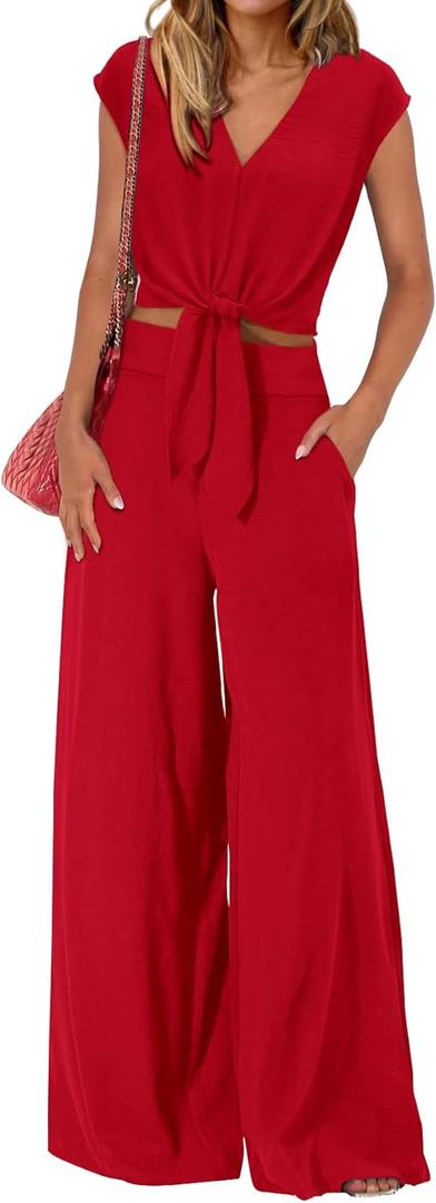 PRETTYGARDEN Women's Summer 2 Piece Outfits 2026 Cap Sleeve V Neck Belted Crop Tops Wide Leg Pant Sets Casual Tracksuit (Red, XL)