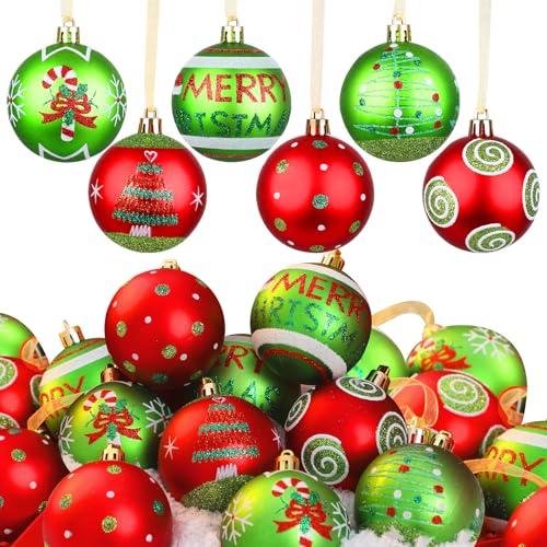 Lanpn 17 Pcs Outdoor Christmas Ornaments, 2.4" Mini Xmas Tree Elf Swirl Ball Decoration, Red Green Christmas Ornament Set, Glittering String Ball Plastic Hanging Decor for Lawn Yard Holiday Party