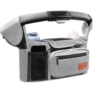 Stroller Organizer with Cup Holder Detachable Wristlet Large Capacity Baby Stroller Bag for Mom, Fits Uppababy, Baby Jogger, Britax, BOB, More (Grey)