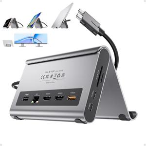 MacBook Pro Docking Station Dual Monitor 4K@60Hz for MacBook Pro/Air M3 Pro/M4/M5, PULWTOP USB C Docking Station Stand Laptop Dock with 2 HDMI, PD, Ethernet, USB A/C 10Gbps, Audio, SD/TF, USB 2.0