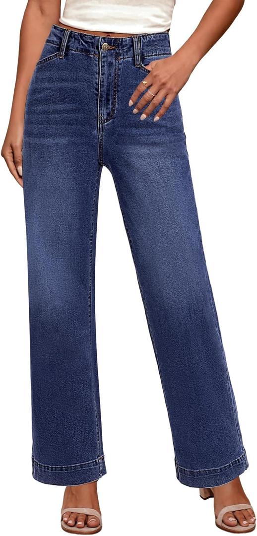 GRAPENT Wide Leg Jeans Woman High Waisted Trendy Stretchy Denim Pants Classic Trouser Jeans with Slash Pockets (Small, Darkness Blue)
