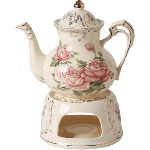Vintage Ceramic Tea Pot, Heatable with Warmer, Decor for Party, Camping or Wedding, 25 oz/ 2 Cup, White with Pink Roses & Gold Trim