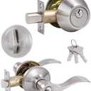 (1 Pack) Keyed Alike Front Door Lever Lockset with Single Cylinder Deadbolt Combination Set, Wave Style Lever, Front Door/Exterior Door Knob with Lock and Deadbolt, Satin Nickel Finished