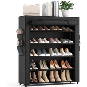 Shoe Rack with Cover, 5 Tier Shoe Organizer Storage for 20-24 Pair Shoes and Boots Large Shoe Storage Shelf Space Saving Vertical Shoe Rack for Closet, Front Door Entrance, Dorm, Garage (Black)