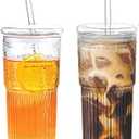 2PCS Glass Cups with Lids and Glass Straws, 20OZ Iced Coffee Cups, Home Essential and Coffee Bar Accessories Borosilicate Glass Tumblers with Lid and Straw for Beer, Cocktail, Tea and Latte, Clear