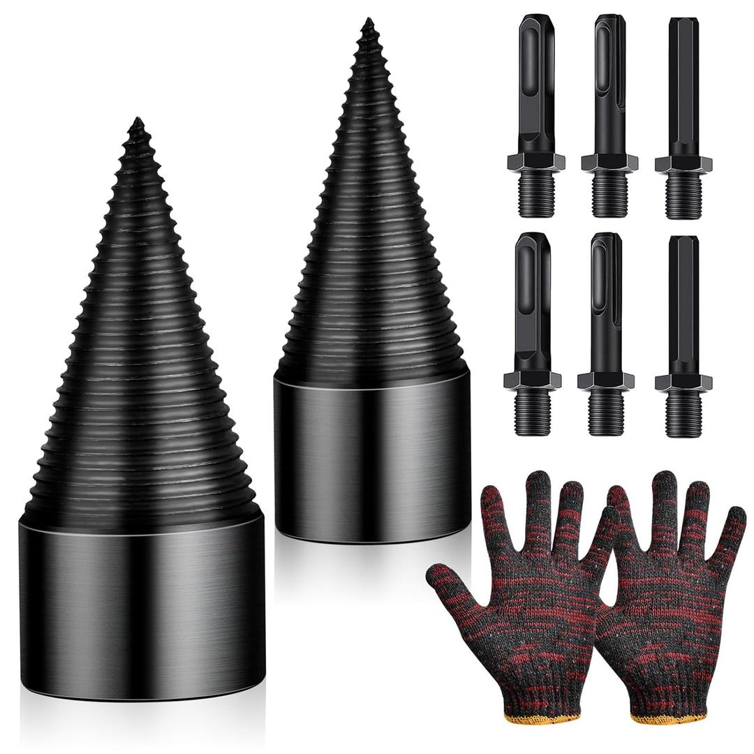 9 Pcs Firewood Splitter Drill Bit Set, 42mm/32mm Firewood Log Splitter with 6 Handles, Detachable Cones Kindling Wood Log Splitter Heavy Duty Drill Bit