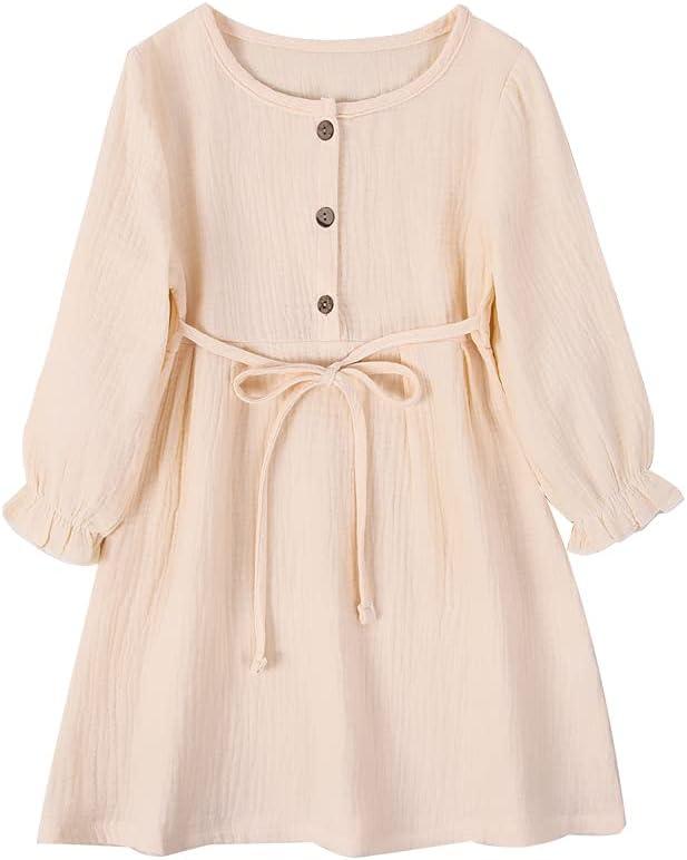 Toddler Baby Girl Cotton Linen Dress Long Sleeve Crew Neck Dresses Button Down Dresses Casual Spring Fall Dress (4-5T, Beige)