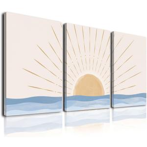 Boho Wall Art Set of 3, Neutral Geometric Sun Rising on the Sea Minimalist Art Framed Canvas Prints Artwork, Mid Century Modern Boho Sun Wall Art Decor for Bathroom, Bedroom, Living Room, Office