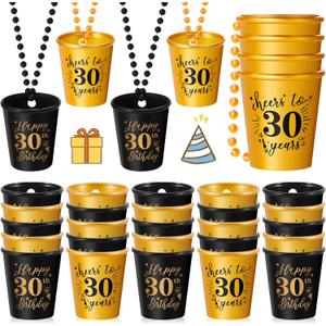 Sureio 24 Pcs 30th Birthday Party Favors Shot Glass Necklaces Cups Bulk for Women Men Guests, Plastic Gold and Black Shot Necklace Cups for Birthday Anniversary Supplies