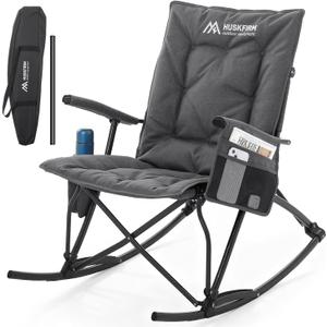 Huskfirm Oversized Rocking Camping Chair Folding Rocking Chair with High Back Padded Outdoor Rocking Chair Heavy Duty Portable Rocker Chair for Camping, Lawn and Patio, Supports Up to 400 lbs, Grey