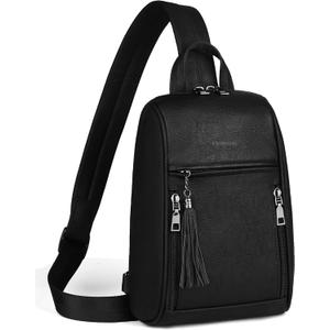 FADEON Sling Bag for Women, Crossbody Backpack with Tassels, Designer Leather Shoulder Chest Bags for Travel (A- Black Retro Style)