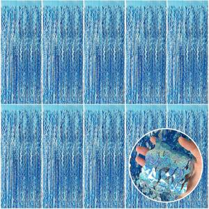 Tinsel Foil Fringe Curtains Wavy Backdrop for Parties Sparkle Metallic Wavy Foil Fringe Backdrop Curtain for Party Decorations Photo Booth Props for Birthday Graduation Wedding (10 Pack, Light Blue)