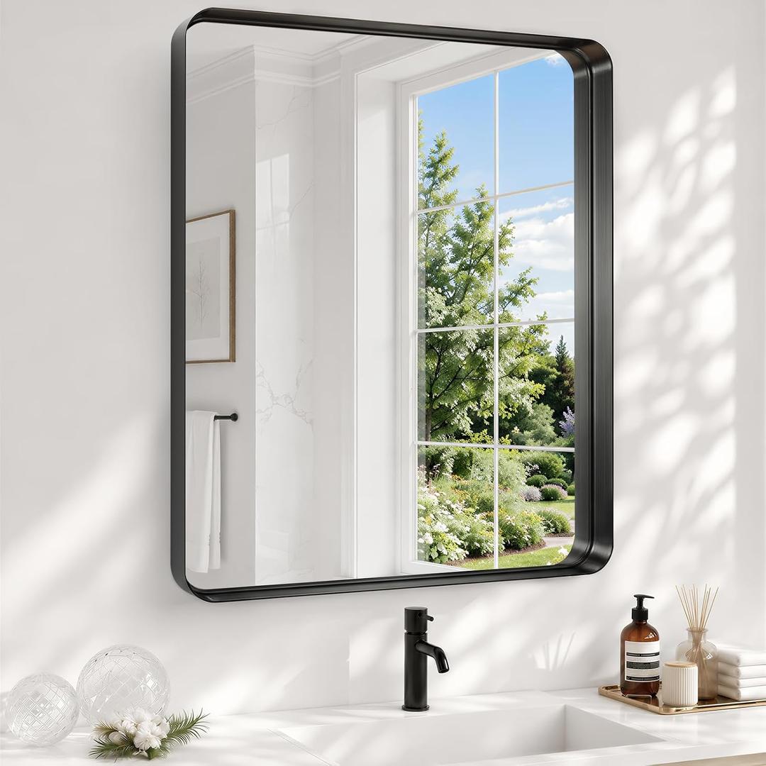 30x36 Inch Black Bathroom Mirror Metal Framed, HD Tempered Glass
Matte Black Bathroom Vanity Mirror, Rounded Rectangle, Rust-Resistant Aluminum Frame, Hangs Horizontally or Vertically