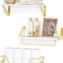 SRIWATANA 2+1 Floating Shelves for Wall, Bathroom Shelves Over Toilet with Metal Bar, Wall Shelves with Storage Wire Basket, Wood Shelves for Bedroom, Living Room, Kitchen (White & Gold)