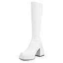 SOVANYOU White Knee High Boots Leather Tall Boots for Women White Gogo Boots of 70s Square Toe Stretch Boots Chunky Heeled Platform Boots (38 size)