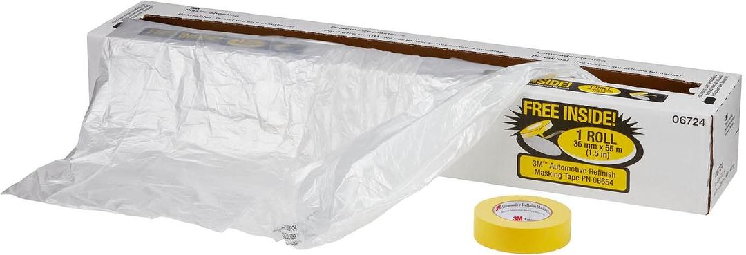 3M Plastic Sheeting With 388N Yellow Masking Tape (36 mm), 06724, Tear Resistant, Easy To Cut, Durable, 16 ft x 400 ft
