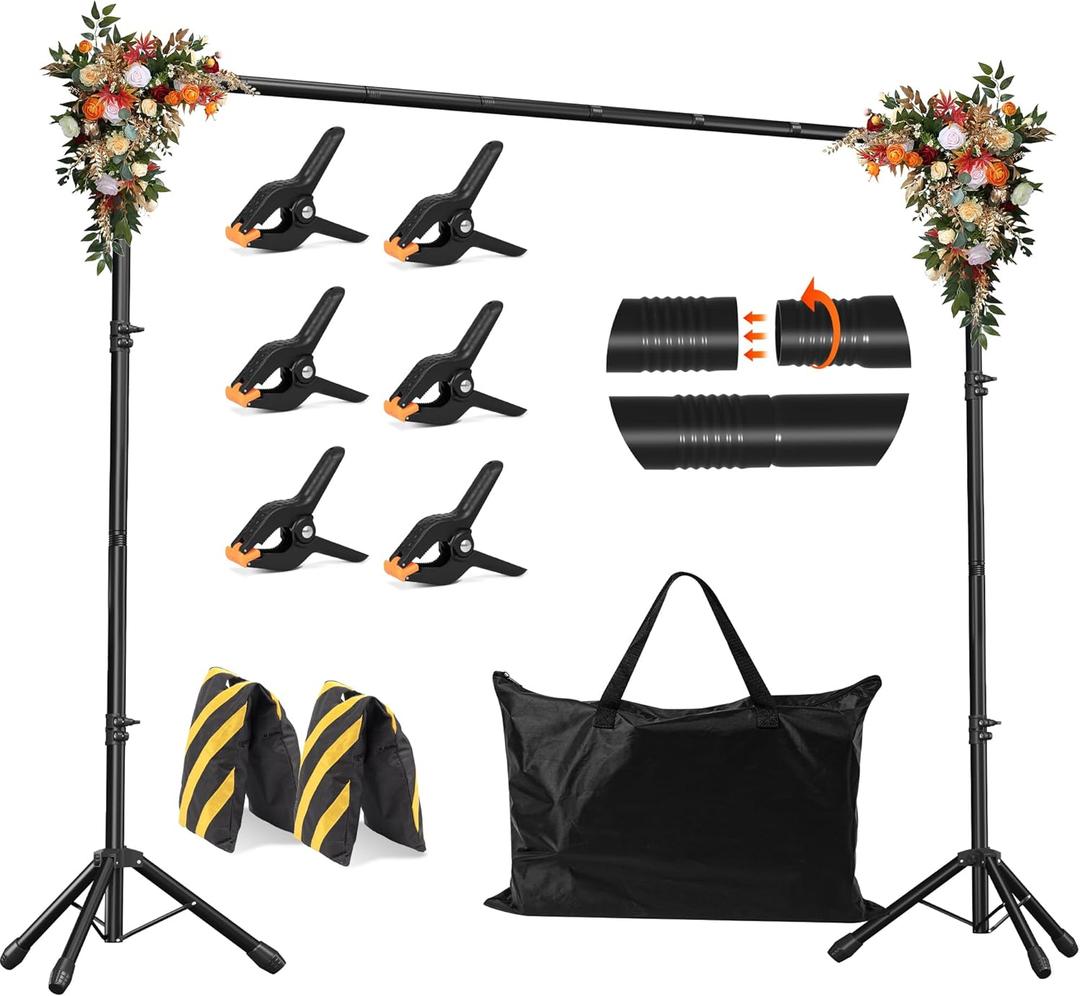 Backdrop Stand, Adjustable 10x7.5 FT Background Stand Backdrop for Parties, Photo Video Studio, Portable Photography Backdrop Stand with Carrying Bag, 6 Backdrop Clamps, and 2 Stand Bags, Black