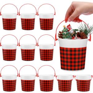 12 Pcs Christmas Plastic Bucket with Handle 4.69 x 3.78 x 4.8 Inch Treats Storage Pails 32 oz Red and Black Buffalo Plaid Candy Bucket for Xmas Winter Holidays Party Favors