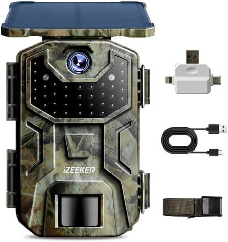 iZEEKER Solar Trail Camera 4K 30fps 48MP, Game Camera with Night Vision Motion Activated, 2600mAh Battery, No WiFi, IP66 Waterproof with SD Card Reader Compatible with Smartphones Computers